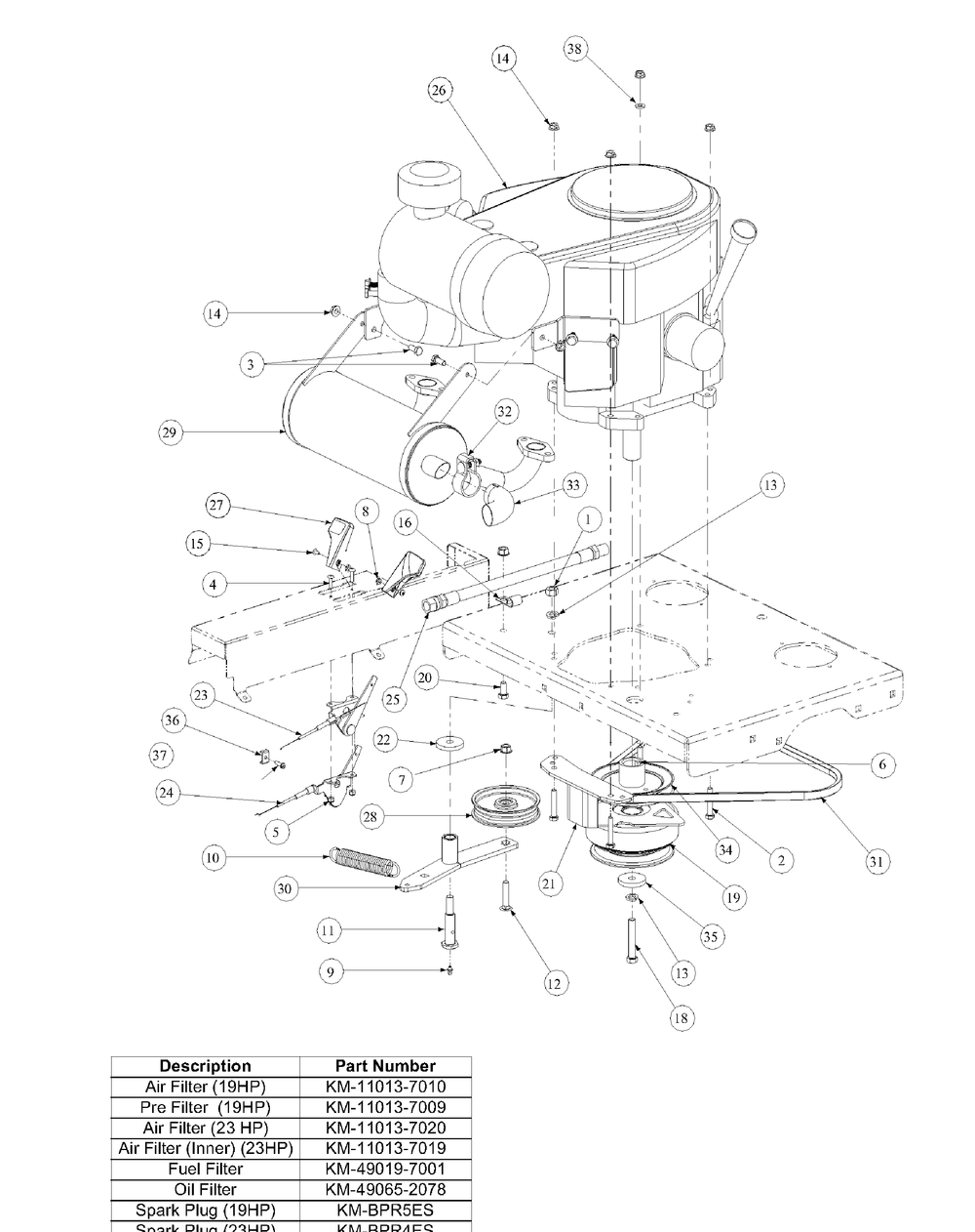 Kawasaki Engine Assembly Diagram and Parts List for M54-KW (53BB5DBW150-23-HP)(2003 1/2) Cub Cadet Lawn Tractor
